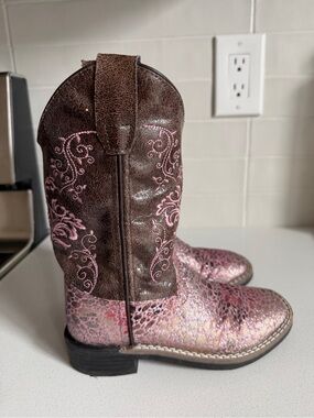 Old West Brown and Pink Metallic Kids Western Boots